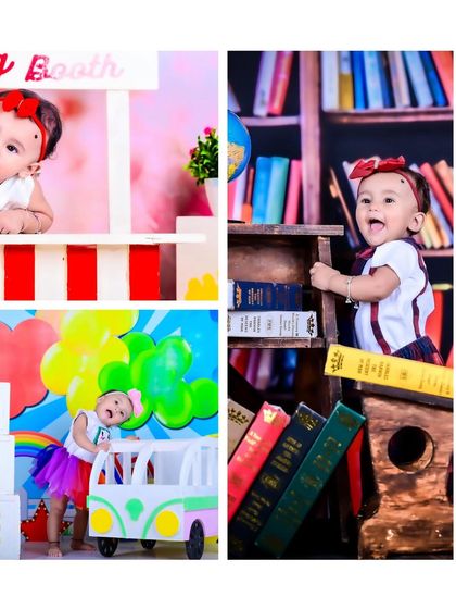 A collage showing a kissing booth, a library, and a Cocomelon theme, highlighting the variety of fun setups.