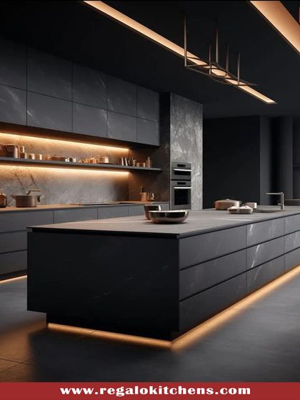 This kitchen showcases the power of ambient lighting in a modern design. The floating island and open shelves are illuminated with warm LED strips, creating a sophisticated and inviting atmosphere. The matte black finish adds a touch of understated luxury.