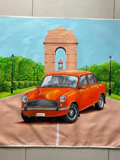 The full, un-stretched canvas of the Hindustan Motors Ambassador painting. This shows the scale of the 3 by 5 feet artwork before it was framed and shipped to the client.
