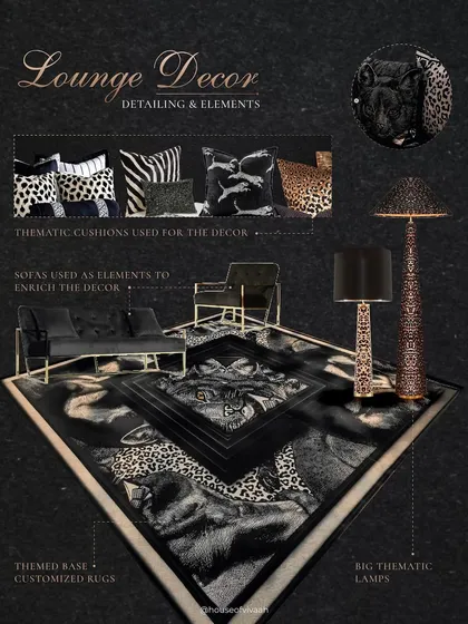 A breakdown of the decor elements for "The Dark Club" theme, showcasing the custom-designed rugs with panther motifs, thematic cushions in animal prints, and statement floor lamps.