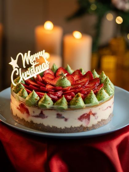 Our Strawberry Biscoff Cheesecake with a Christmas twist. I've added little green pistachio cream 'trees' to make it a perfect, festive dessert for your holiday table.