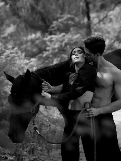 Another artistic shot from a photoshoot, showcasing the intimate and dramatic scenes that can be created with our horses in the wooded areas of our property.