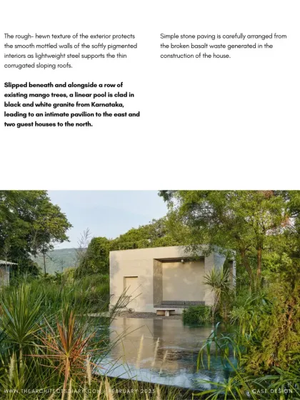 A linear pool clad in black and white granite slips beneath a row of existing mango trees at Villa Uma. The design carefully integrates the new construction with the mature vegetation on the site, preserving the natural character of the land.