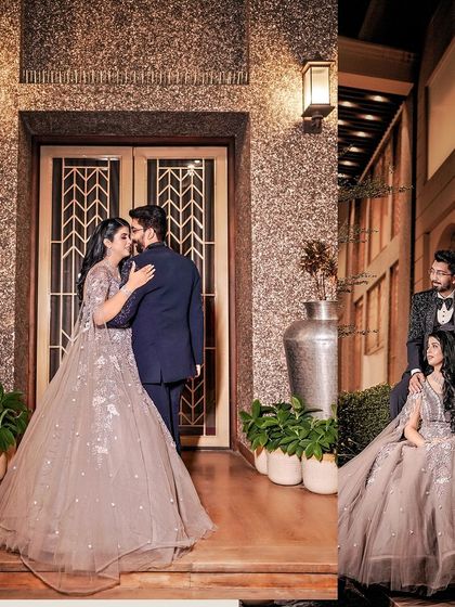 A beautiful couple portrait, with the groom wearing our textured black tuxedo. The subtle pattern on the jacket adds a layer of sophistication to the classic engagement look.