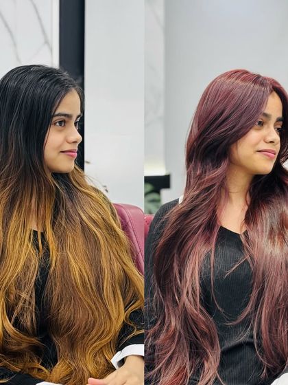 A side profile of the red-brown look, showing how the color frames the face.