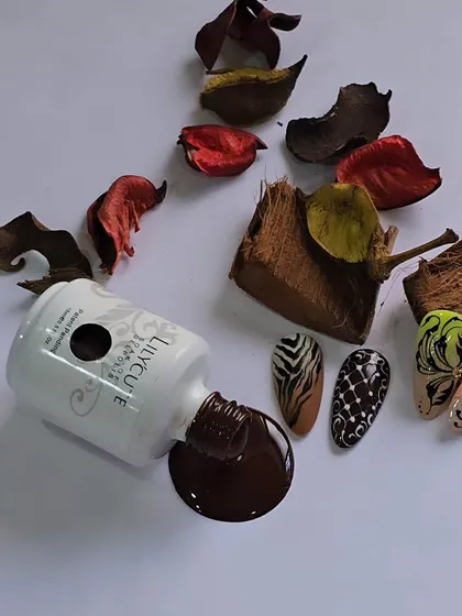 A rich brown Lilycute gel polish. The quality of your base color is crucial for good nail art.