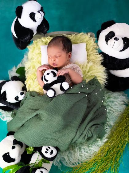 Welcome to the jungle, little panda. This creative newborn setup uses soft toys and a green blanket to create a playful and adorable scene while the baby sleeps soundly.