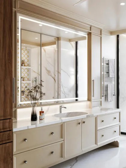 A classic master bathroom with a cream-colored vanity, a large backlit mirror, and warm wood accents. The render creates a timeless and inviting atmosphere.