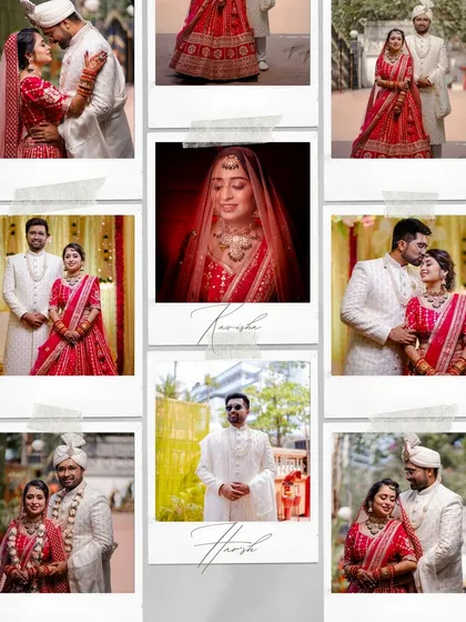 A polaroid-style collage celebrating the wedding day of Harsh and Kavisha, blending couple portraits with beautiful solo shots.