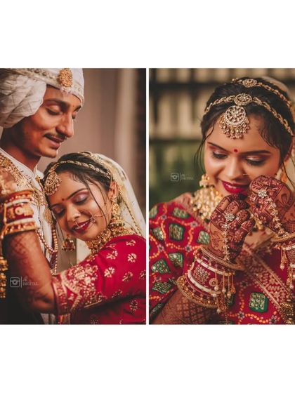 A collection of intimate moments from a wedding day, highlighting the couple's loving embrace and the bride's shy, happy smiles.