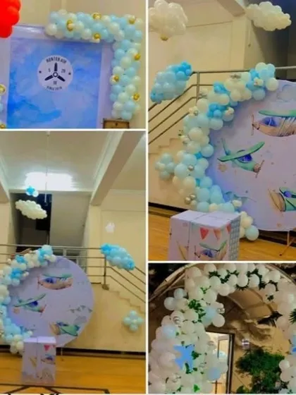 A collage showing different elements of an airplane-themed birthday party. The decor includes a custom backdrop, a circular photo booth, and balloon clouds hanging from the ceiling.