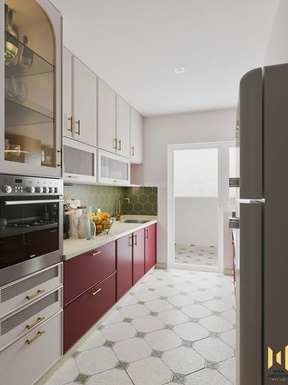 A full view of the galley kitchen, showcasing the patterned floor tiles and the mix of closed and open storage.