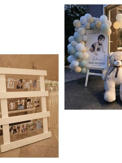 A collage showing a photo display ladder and a welcome sign with a large teddy bear, creative ways to showcase precious memories.