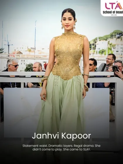 Janhvi Kapoor's look at Cannes was pure regal drama. With a statement waist and dramatic layers, she came to slay. We analyze such powerful silhouettes to teach our students about making an impact.