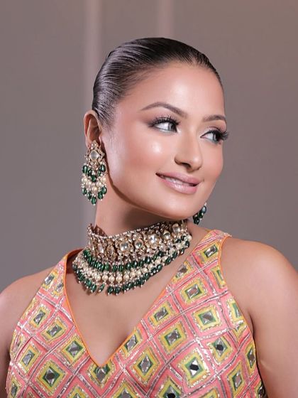 My beautiful Haldi Bride. This look is fresh and minimal, with a focus on glowing skin and a simple, elegant hairstyle to let her natural beauty shine.