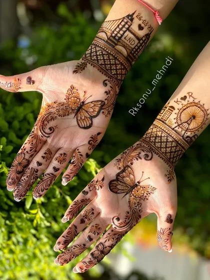 For the modern client with a unique love story, I created this beautiful design featuring delicate butterflies and iconic London landmarks. It’s a perfect example of how we can weave your personal journey into a minimal yet stunning mehndi art piece.