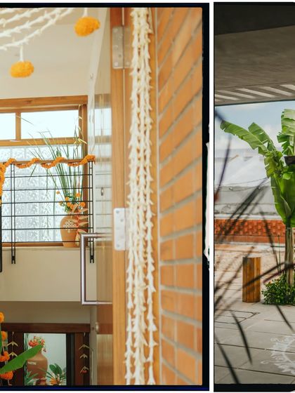 A collage showing the blend of modern architecture and traditional decor at the housewarming.