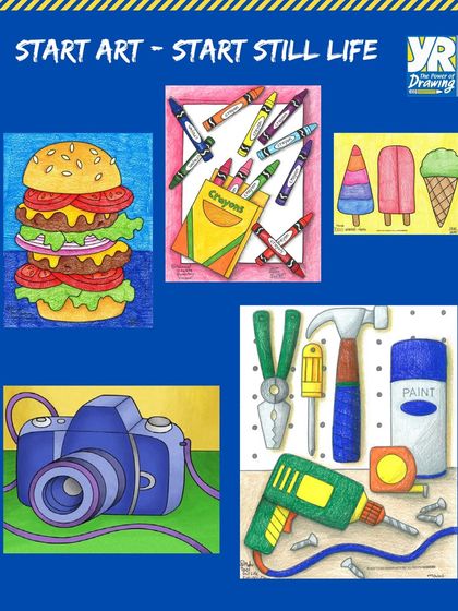Our "Start Still Life" curriculum introduces students to drawing everyday objects like hamburgers, crayons, tools, and cameras, building a strong artistic foundation.