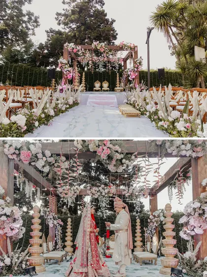 We transformed a family home in Ooty into this dreamy wedding destination. The wooden mandap was adorned with soft pink and white florals, creating an intimate and personal ceremony space right in their backyard.