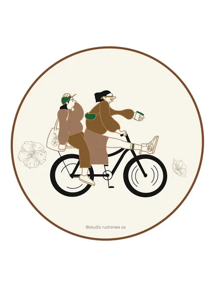 An illustration for Hav' Coffee, capturing the simple joy of a bike ride with a friend and a coffee in hand. These illustrations celebrate the good moods sponsored by coffee.