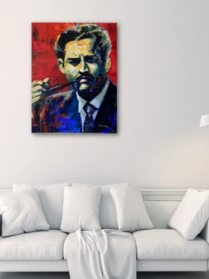This is an app rendition showing how my Guru Dutt portrait could look in a modern living room. It helps clients visualize how a 4x5 feet statement piece can anchor a space and set a dramatic tone.