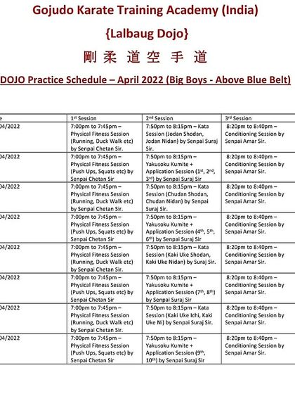 A look at our detailed dojo practice schedule for a month. This structured plan ensures our students receive balanced training across physical fitness, kata, kumite, and conditioning.