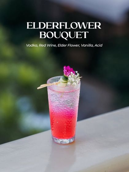 The Elderflower Bouquet, an ode to the cheerful spirit of spring. Vodka, red wine, elderflower, and vanilla come together in a celebration of seasons.