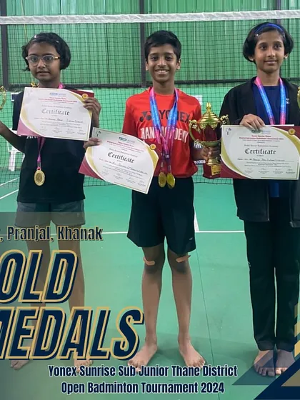 Our youngest champions, Alfy, Pranjal, and Khanak, with their gold medals from the Sub Junior Thane District Open.