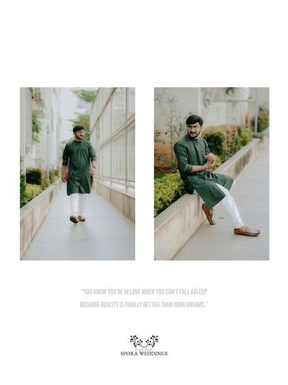 A stylish diptych of the groom in a dark green kurta, looking relaxed and confident.