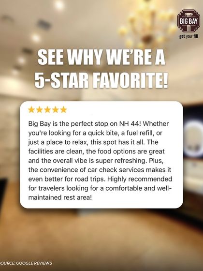 "The perfect stop on NH 44." This review loves our great food options, clean facilities, refreshing vibe, and the convenience of car check services.