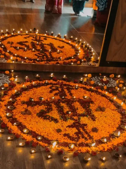 As a Sanatani, Bhakti Yoga is very close to my heart. This beautiful rangoli, created with marigold flowers and diyas for a special occasion at the studio, represents the spiritual devotion and therapy that yoga provides for the mind.