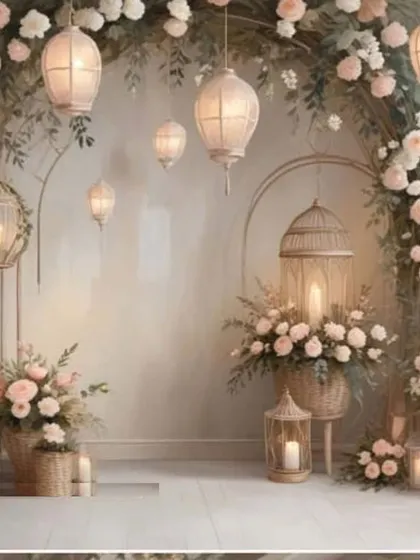 I also offer elegant and soft-themed decorations. This setup features pastel roses, hanging lanterns, and birdcage props, creating a whimsical and romantic corner for photos.