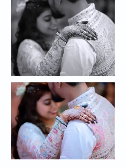 An artistic shot focusing on the bride's mehndi-adorned hand on the groom's shoulder, shown in both color and black and white.