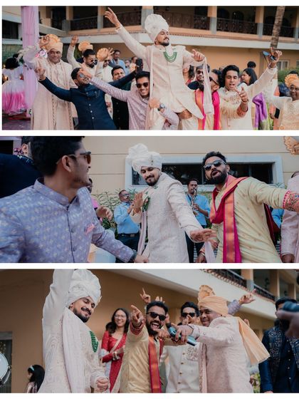 A collage of the groom and his friends dancing with full energy during the baraat. We capture the joy and camaraderie of the groom's squad.