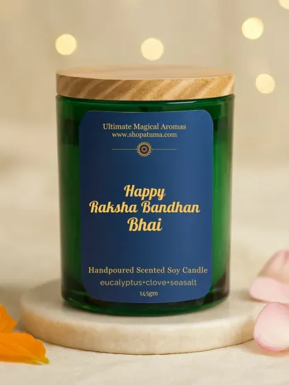 The 'Happy Raksha Bandhan Bhai' candle from my special collection. This one features a refreshing eucalyptus, clove, and sea salt fragrance in a deep green jar, crafted with love for the perfect Rakhi gift.