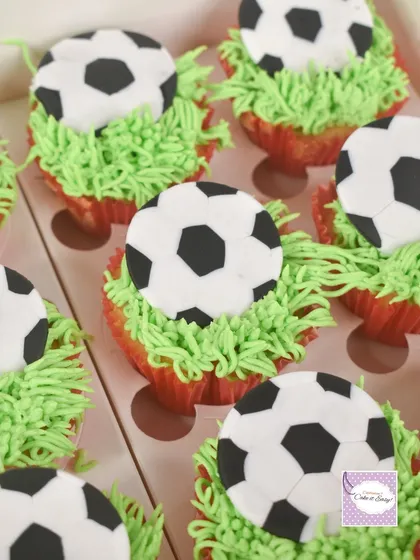 A close-up of the football cupcakes.