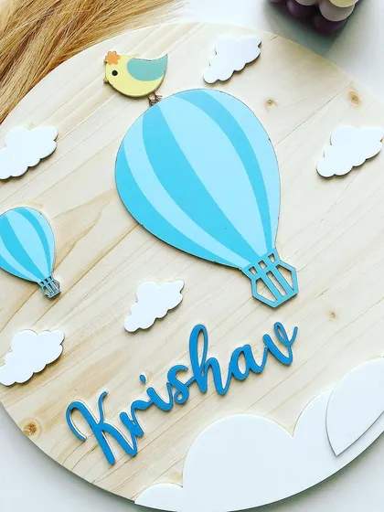 Here is the same hot air balloon design in a cool blue for Krishav, perfect for twin rooms or siblings. I love creating matching sets that have their own unique personality while sharing a common theme.