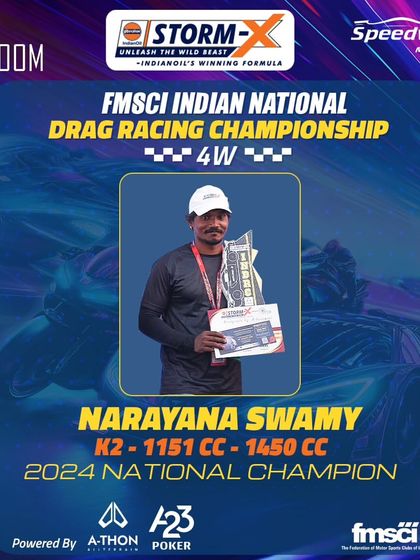 We celebrate Narayana Swamy, the 2024 National Champion in the K2 class. Each champion's victory adds to the legacy of Vroom Drag Meet as the premier racing event in the country.
