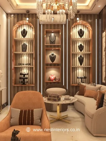 A wider angle of the private lounge area. You can see how the console table, artwork, and seating arrangement work together to create a complete, sophisticated environment for high-value client interactions.