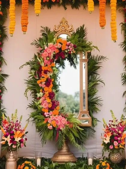 An asymmetrical floral arrangement beautifully frames this standing mirror. The design uses a vibrant mix of orange and pink roses with tropical leaves, creating a modern and artistic photo point.