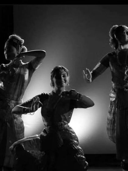 The beauty of Bharatanatyam captured in monochrome. This image shows the dynamic postures and sculptural quality that we strive for in our ensemble performances.