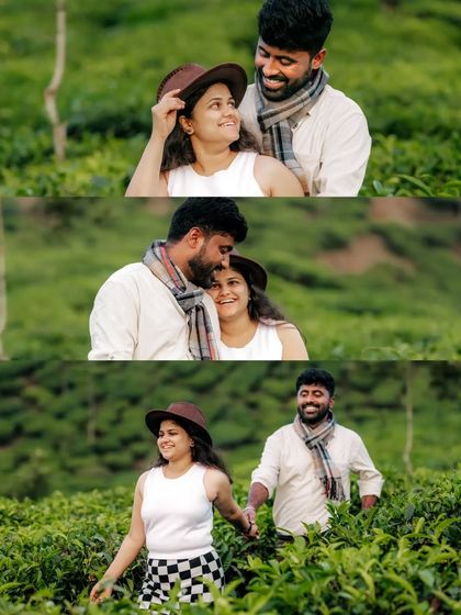 A collage of a couple enjoying their time in a tea garden, their poses ranging from playful to romantic.