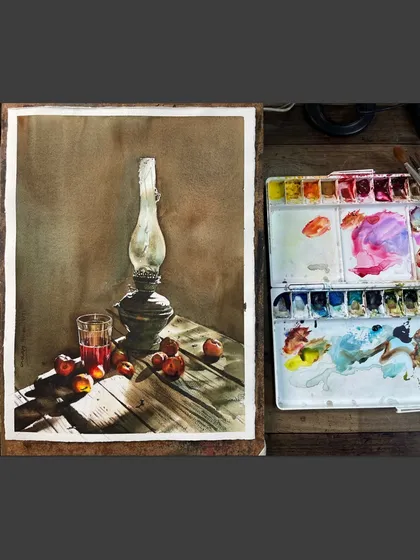 A still life featuring an old lantern, a glass, and apples on a wooden table. This piece is all about capturing the mood and the play of light and shadow.