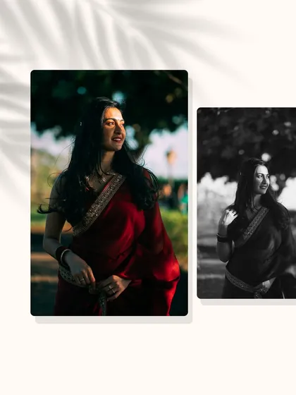 A modern collage contrasting a color and a black and white portrait of a woman in a sunlit park.