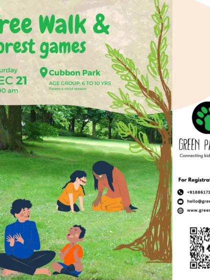 A poster for our "Tree Walk & Forest games" event, another one of our fun weekend activities for families in Bengaluru.