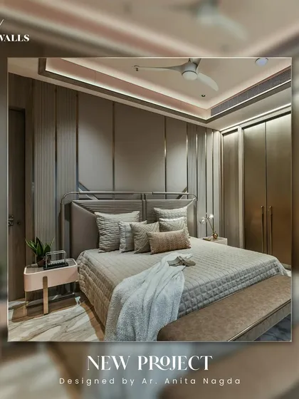 A complete bedroom project designed with architect Anita Nagda, featuring our custom upholstered bed with a unique metal frame headboard. The design is complemented by our coordinated wall panels, creating a serene and texturally rich environment.