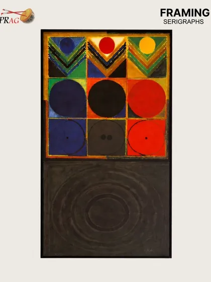 A framed serigraph by S.H. Raza, a master of Indian abstraction, showcasing his iconic exploration of geometric forms and spiritual symbolism.