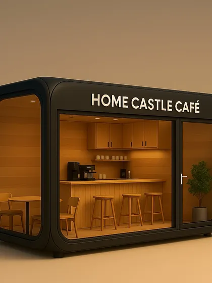 I offer plug-and-play commercial solutions like this Home Castle Café pod. It’s a fully furnished, modern modular unit perfect for entrepreneurs who want to start their business quickly and stylishly.