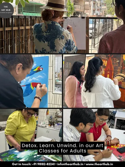 My art classes for adults are a space to detox, learn, and unwind. This collage shows various adults engaged in painting, sketching, and printmaking, finding their creative flow in the studio.