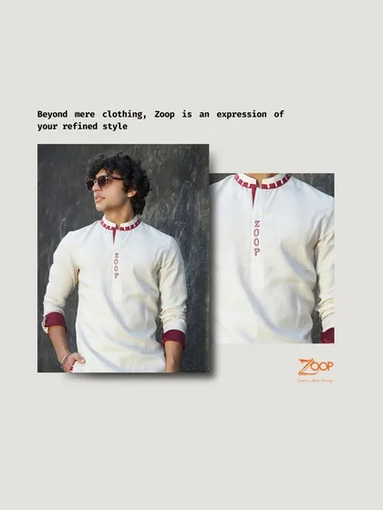 Beyond mere clothing, Zoop is an expression of your refined style. This simple off-white kurta with a contrasting maroon collar and cuffs is a testament to understated sophistication.